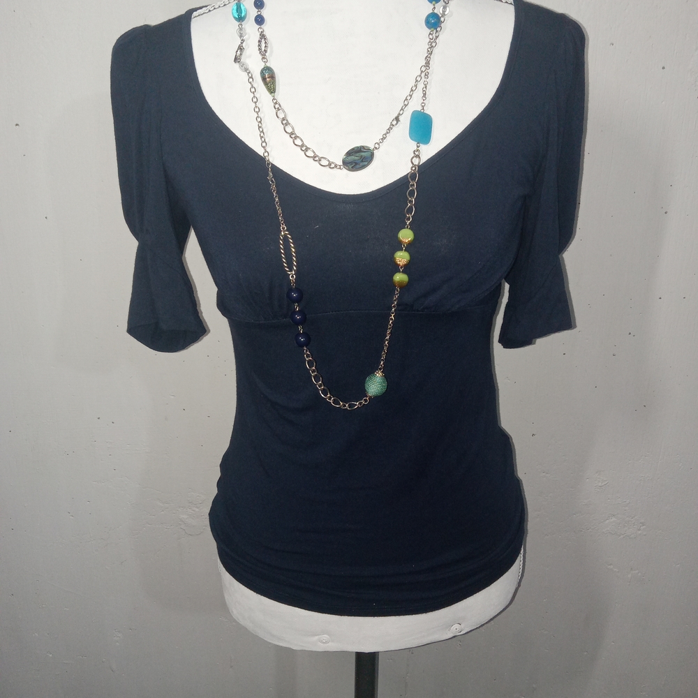 womens Small puff Sleeve milkmaid style navy blue top